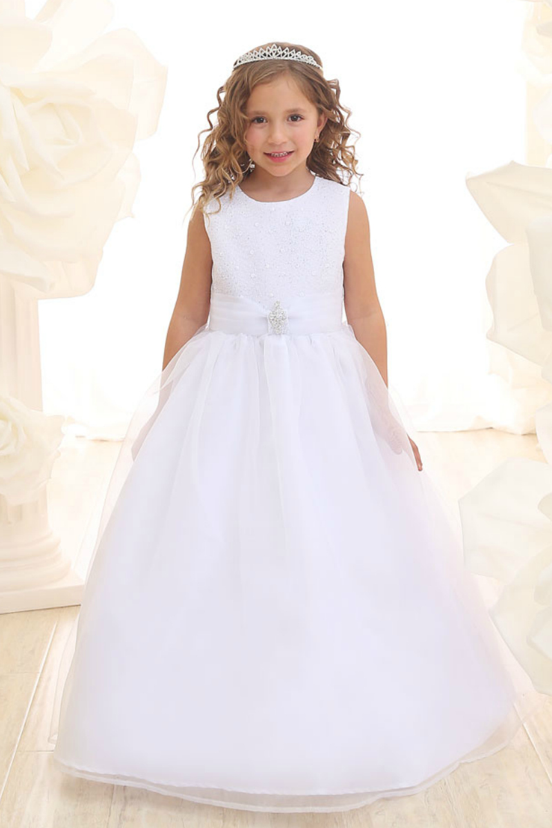 Girls Dress Style 069118 White Floor-length Beading Round A-line Dress in Choice of Colour