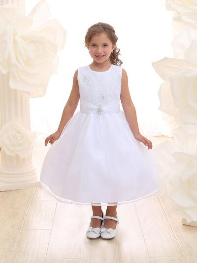 Girls Dress Style 069218 White Tea-length Beading Round A-line Dress in Choice of Colour