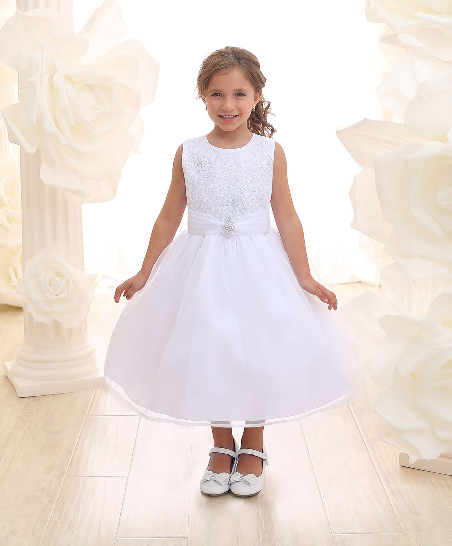 Girls Dress Style 069218 White Tea-length Beading Round A-line Dress in Choice of Colour