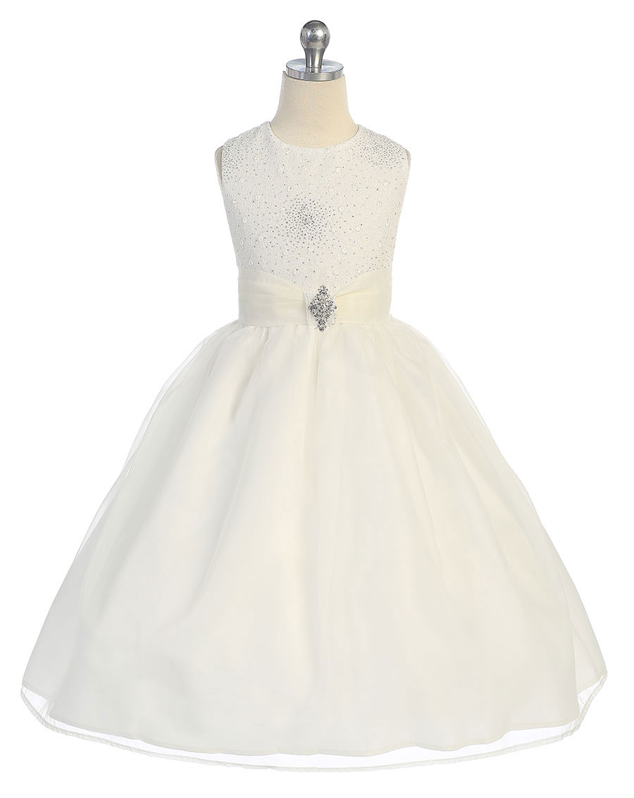 Girls Dress Style 069218 White Tea-length Beading Round A-line Dress in Choice of Colour