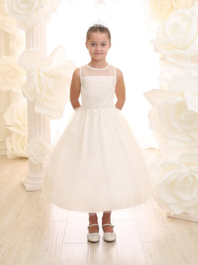 Girls Dress Style 069318 Ivory Tea-length Hand Made Flower , Beading Round A-line Dress in Choice of Colour