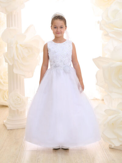 Girls Dress Style 069618 Ivory Floor-length Hand Made Flower , Applique A-line Dress in Choice of Colour
