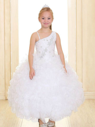 Girls Dress Style 069718 Ivory Ankle Length Tiered , Beading One Shoulder A-line Dress in Choice of Colour
