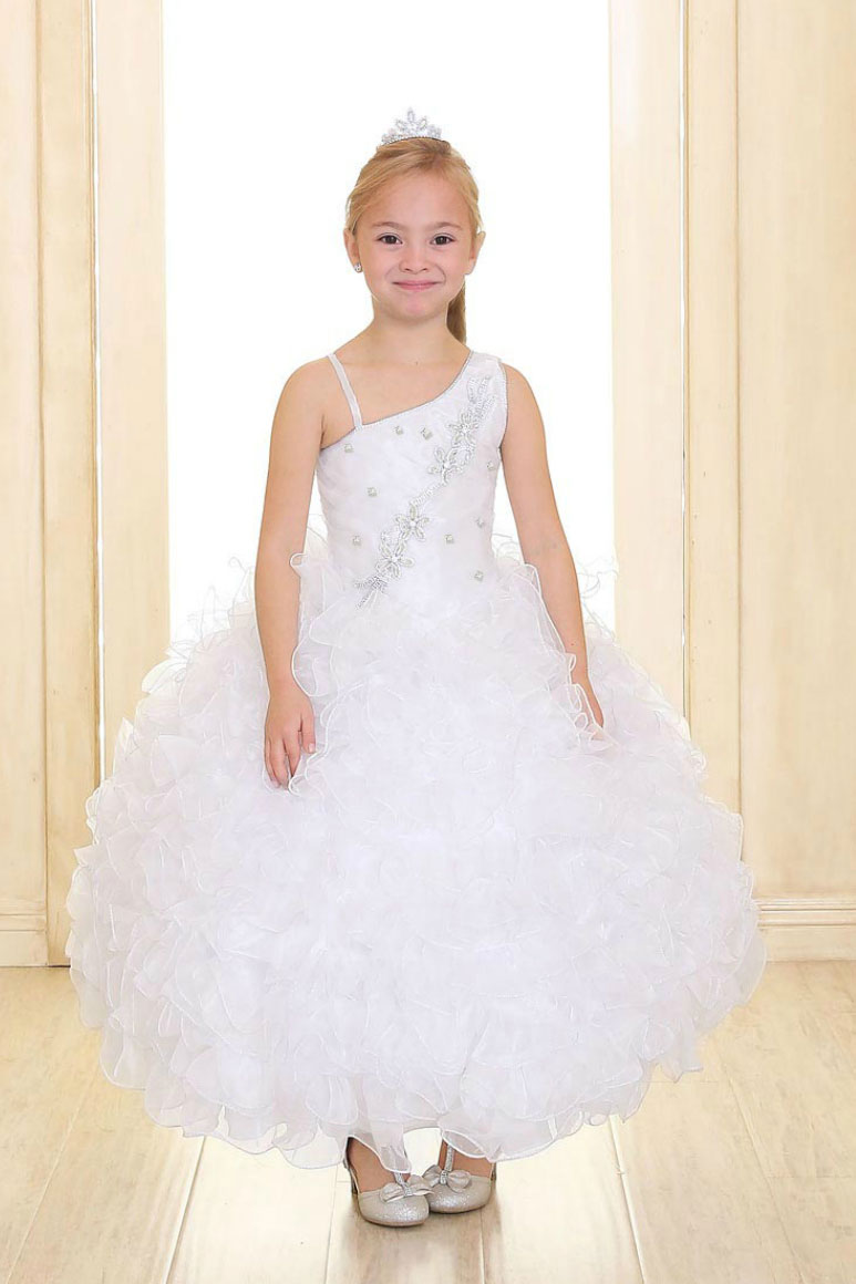 Girls Dress Style 069718 Ivory Ankle Length Tiered , Beading One Shoulder A-line Dress in Choice of Colour