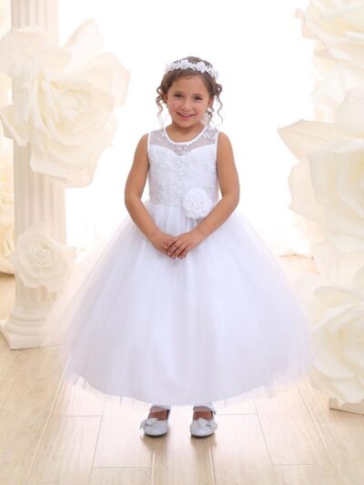 Girls Dress Style 069818 Ivory Ankle Length Hand Made Flower , Lace Round A-line Dress in Choice of Colour