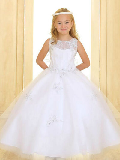 Girls Dress Style 069918 Ivory Floor-length Applique Bateau A-line Dress in Choice of Colour