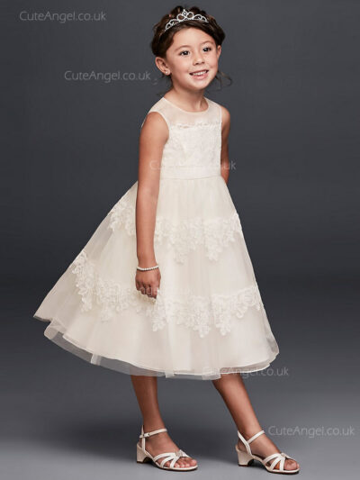 Tea Length Princess Ivory Lace Flower Girls Dress First Communion Dress 1805004
