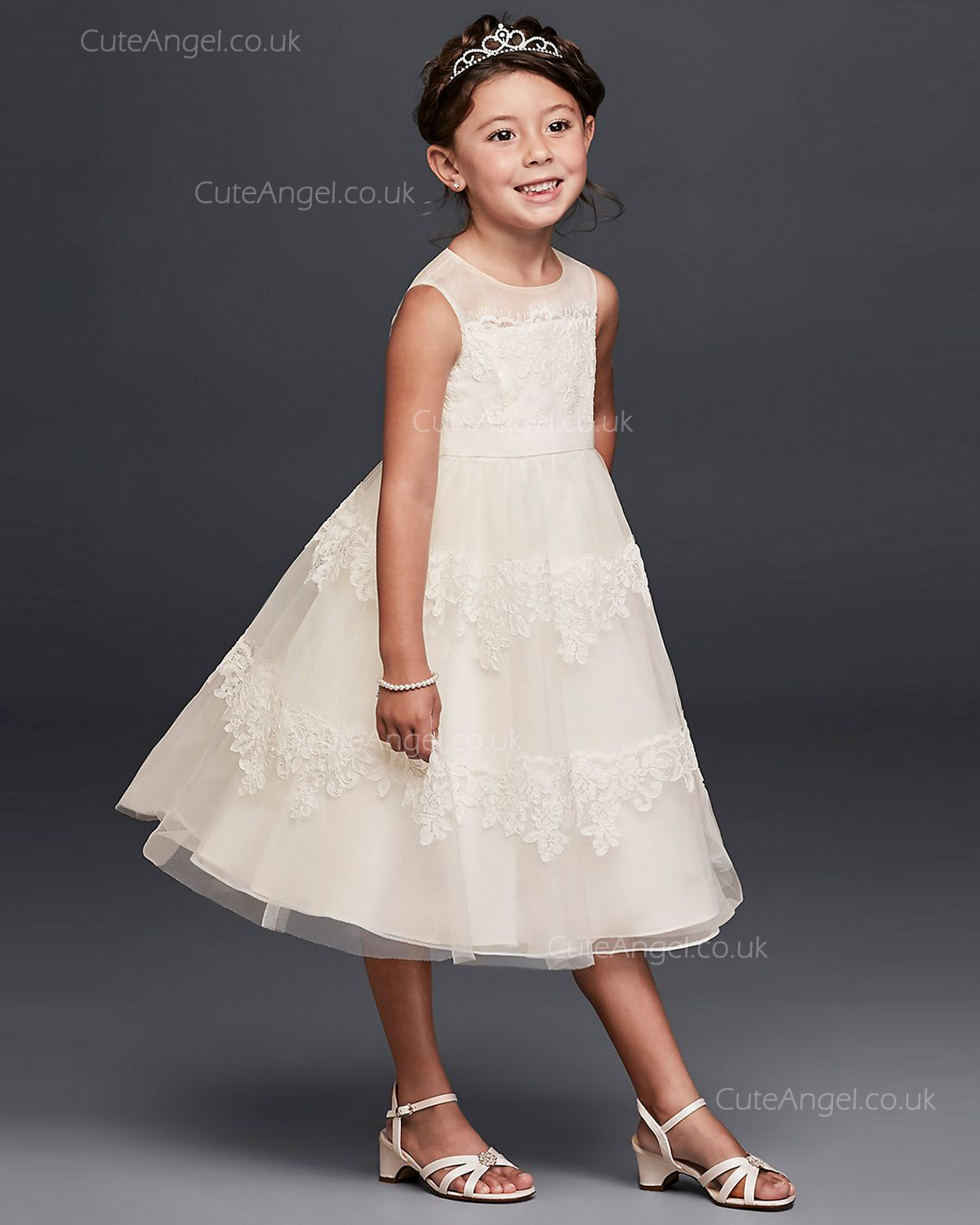 Tea Length Princess Ivory Lace Flower Girls Dress First Communion Dress 1805004