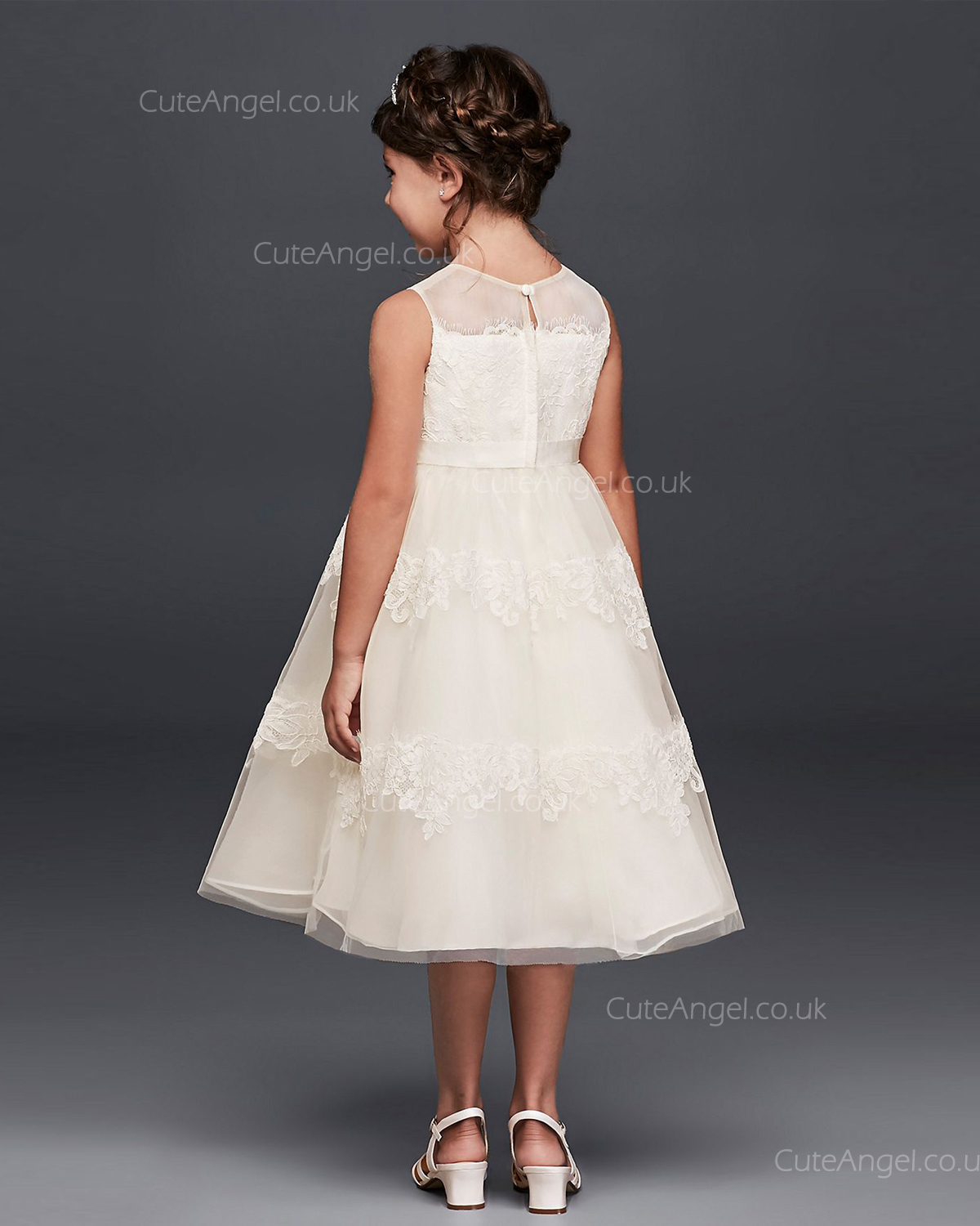 Tea Length Princess Ivory Lace Flower Girls Dress First Communion Dress 1805004