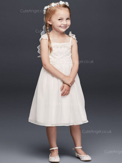 Tea Length Chiffon Flower Girl Dress With Tiered Lace Bodice