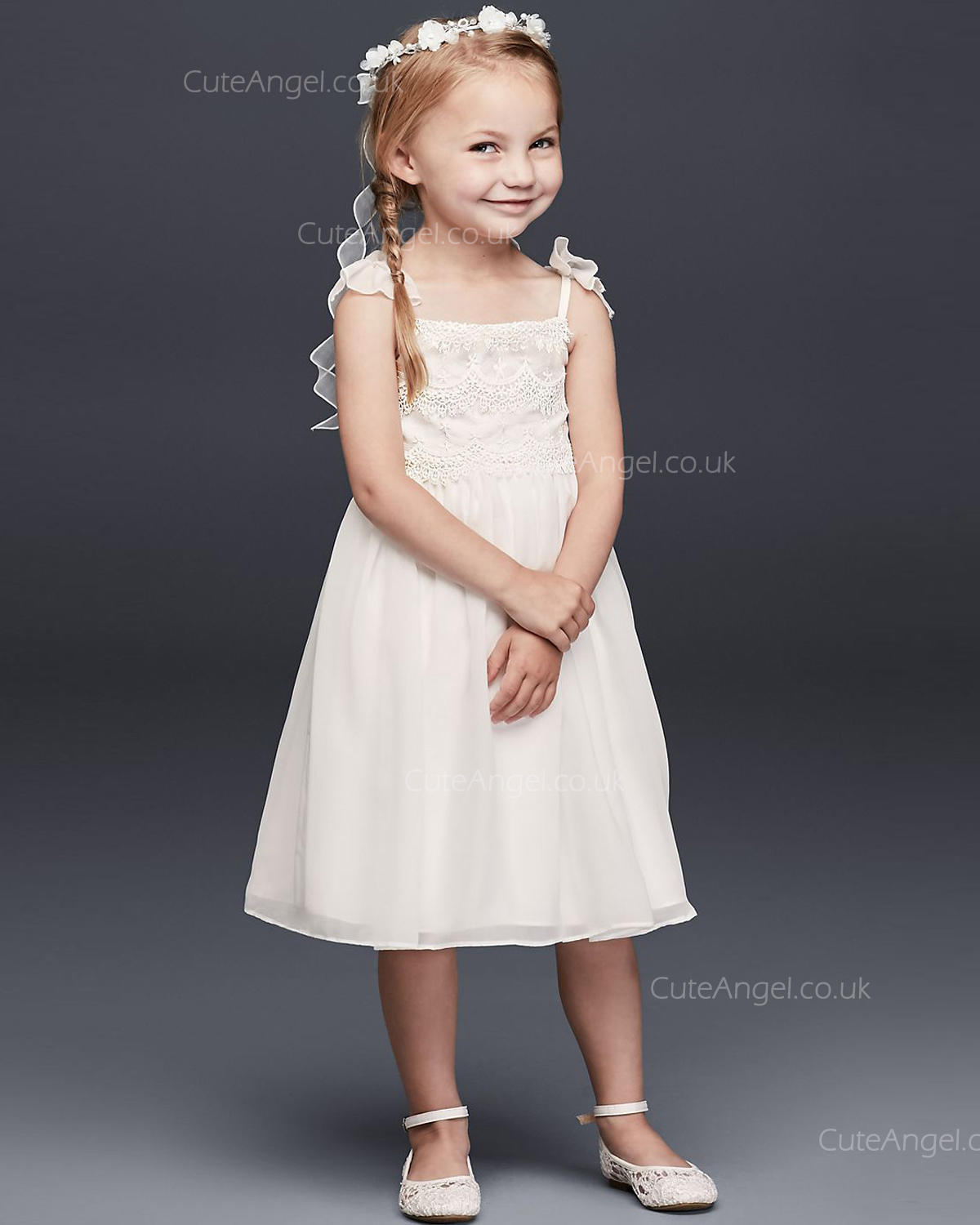 Tea Length Chiffon Flower Girl Dress With Tiered Lace Bodice
