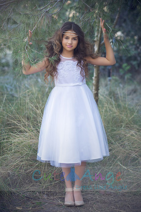 Satin and Tulle Dress with Scalloped Lace Bodice