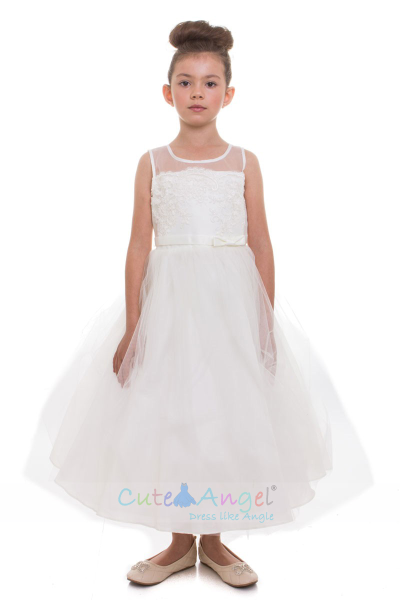 Satin and Tulle Dress with Scalloped Lace Bodice