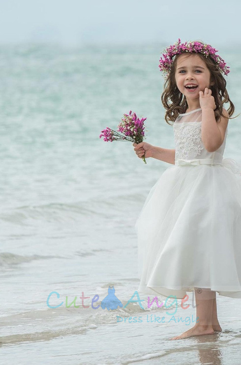 Satin and Tulle Dress with Scalloped Lace Bodice