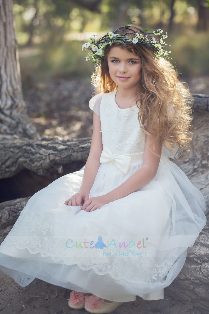 Lace Party Dress with Organza Skirt and Cap Sleeves