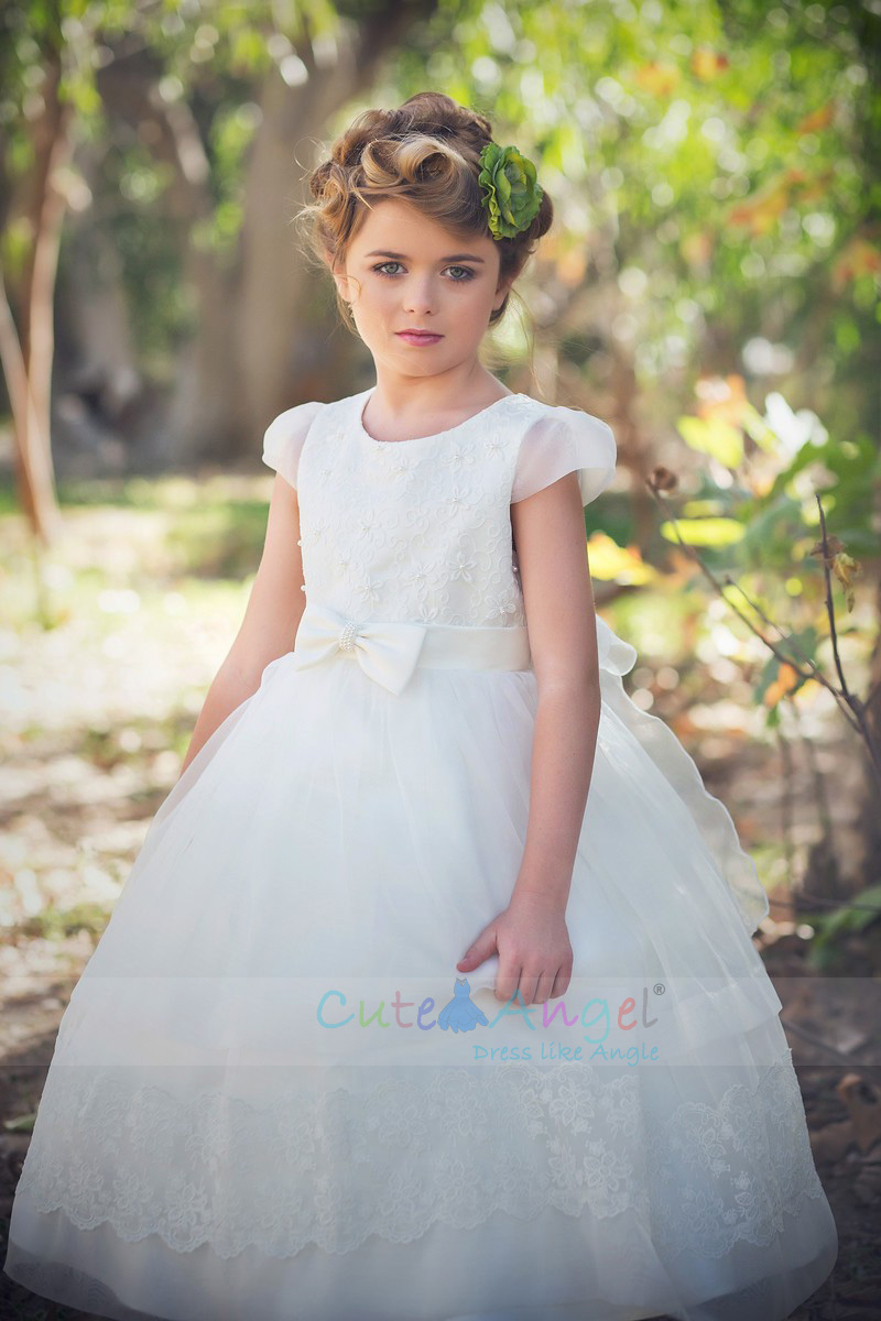 Lace Party Dress with Organza Skirt and Cap Sleeves