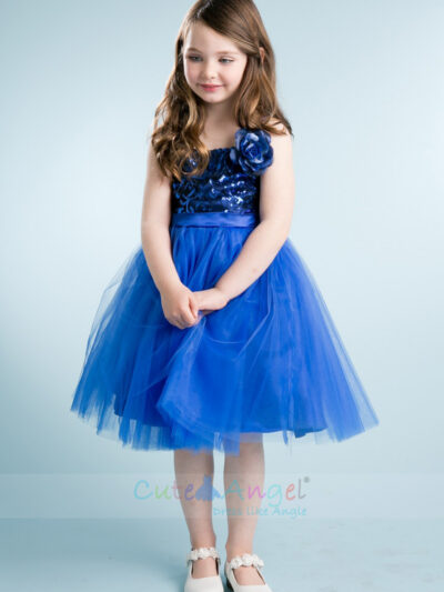 Floral Sequin Bodice with Tulle Skirt Royal Blue Girls Prom Dress