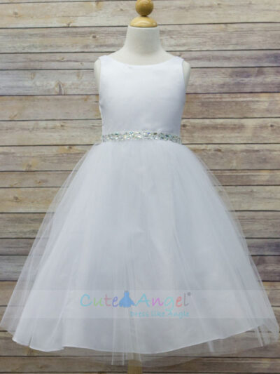 High Quality Dull Satin top with Tulle Skirt and Navette Shape Stone Sash Girl Party Dress