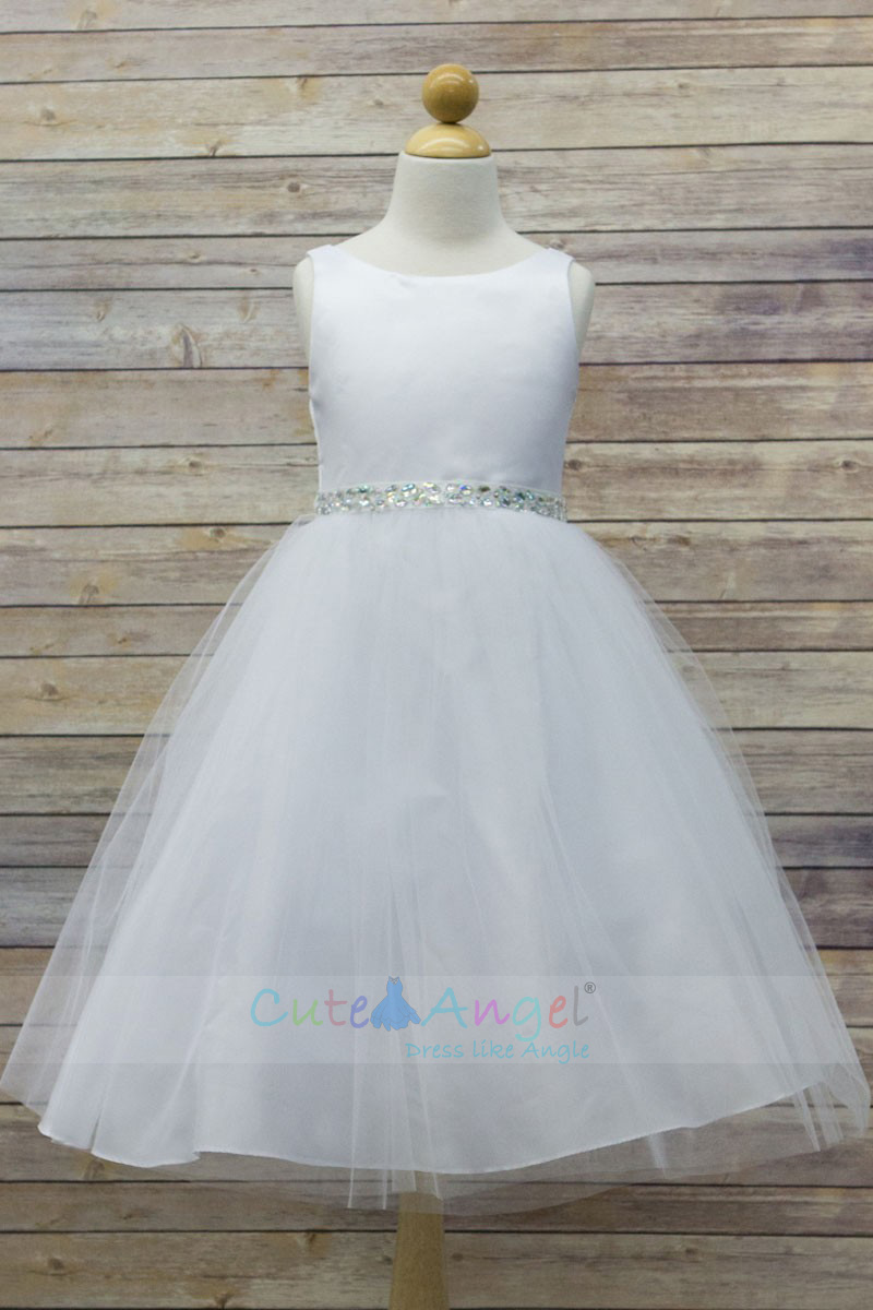 High Quality Dull Satin top with Tulle Skirt and Navette Shape Stone Sash Girl Party Dress