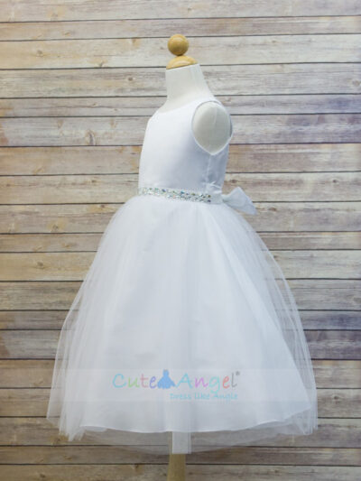 High Quality Dull Satin top with Tulle Skirt and Navette Shape Stone Sash Girl Party Dress High Quality Dull Satin top with Tulle Skirt and Navette Shape Stone Sash Girl Party Dress