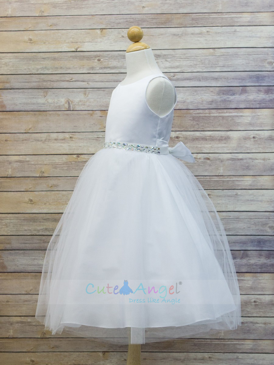 High Quality Dull Satin top with Tulle Skirt and Navette Shape Stone Sash Girl Party Dress