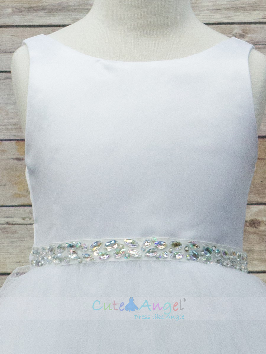 High Quality Dull Satin top with Tulle Skirt and Navette Shape Stone Sash Girl Party Dress