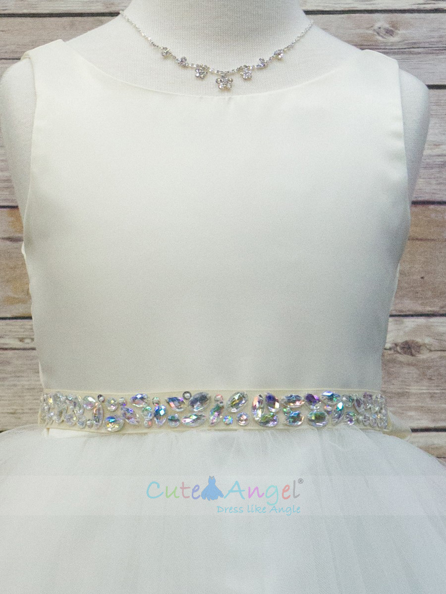 High Quality Dull Satin top with Tulle Skirt and Navette Shape Stone Sash Girl Party Dress