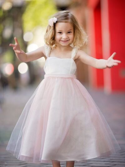 Girl Party Dress Satin Bodice with Handmade Pearl Shoulder Patch and Shimmery Glitter Mesh Skirt