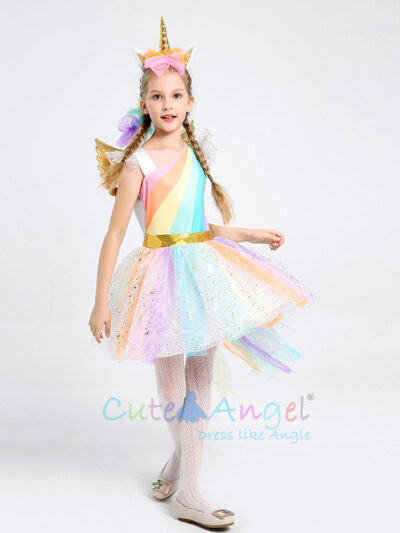 Rainbow Unicorn Dress with Wings and Headband