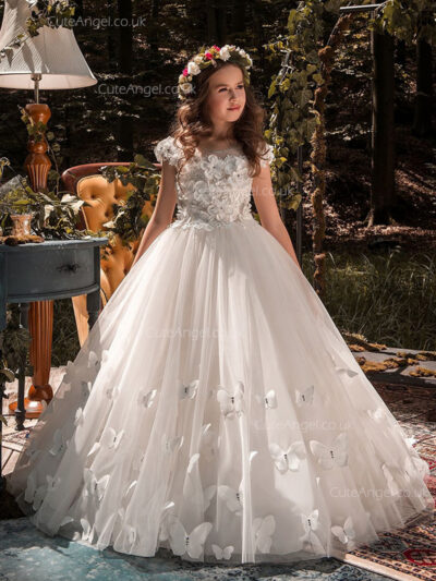 Lace Ball Gown Flower Girl Dress with Cap Sleeves